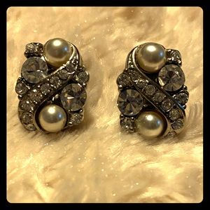 Nina Sliver Rhinestone and Pearl Clip Earrings